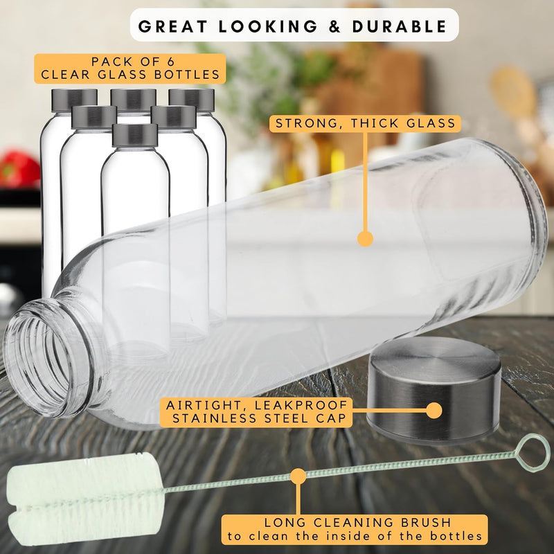 Brieftons Glass Water Bottles With Caps: Clear, 6 Pack, 18 Oz, Leakproof Lids, Premium Soda Lime, Best As Reusable Drinking Bottle, Sauce Jar, Juice Beverage Container, Kefir Kit, With Cleaning Brush