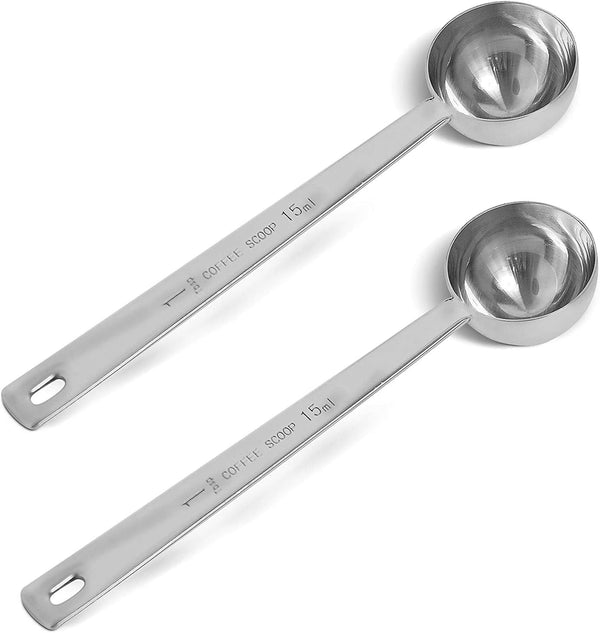 2-piece stainless steel coffee measuring spoon coffee scoop, coffee scoop 1 tablespoon, long handle coffee scoop suitable for coffee powder and coffee making (silver-2pcs-15ml)