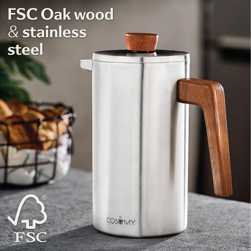 French Press Coffee Maker 34 oz - Made of Stainless Steel & Sustainable Oak Wood - Double-Walled Insulated - 2 Additional Filters - For 5 Cups