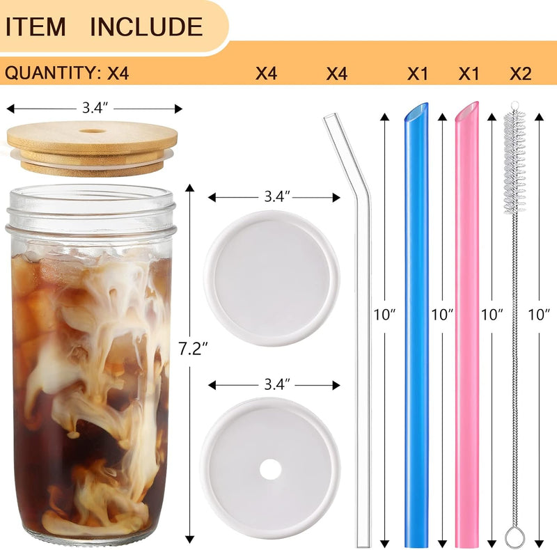 4 Pack Glass Cups Set - 24oz Mason Jar with Bamboo Lids and Glass Straw & 2 Airtight Lids - Cute Boba Drinking Glasses, Reusable Travel Tumbler Bottle for Iced Coffee, Smoothie, Bubble Tea, gift