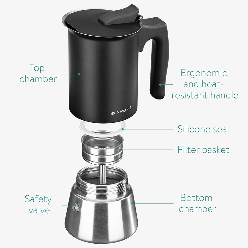 Navaris Moka Coffee Pot - Percolator Espresso Maker for Stovetops Induction Gas Electric Stove Hob - Stainless Steel Percolated Coffee Pot - 6.8 fl oz