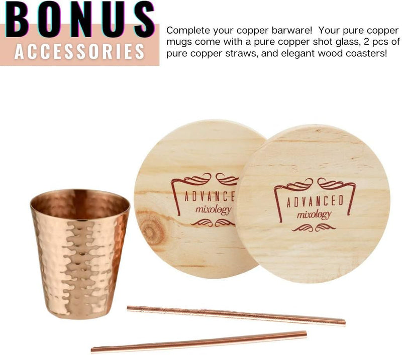 Advanced Mixology [Gift Set] Moscow Mule Mugs Set of 2 (16oz) | 100% Copper Mugs Set w/ 2 Straws, 2 Wooden Coasters & 1 Shot Glass | Tarnish-Resistant Food Grade Lacquer Coat