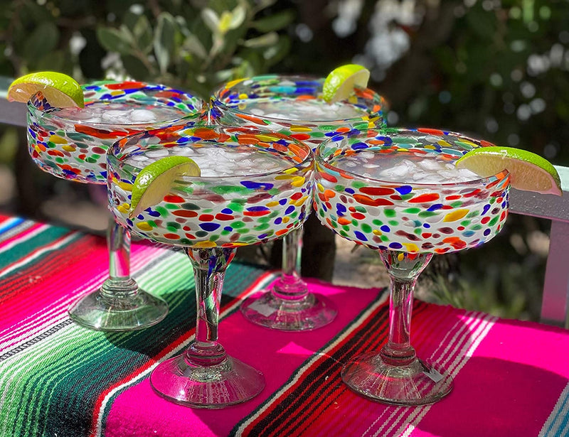 Dos Sueños Mexican Hand Blown Glass – Set of 4 Hand Blown Margarita Glasses Confetti Rock (16 oz) …