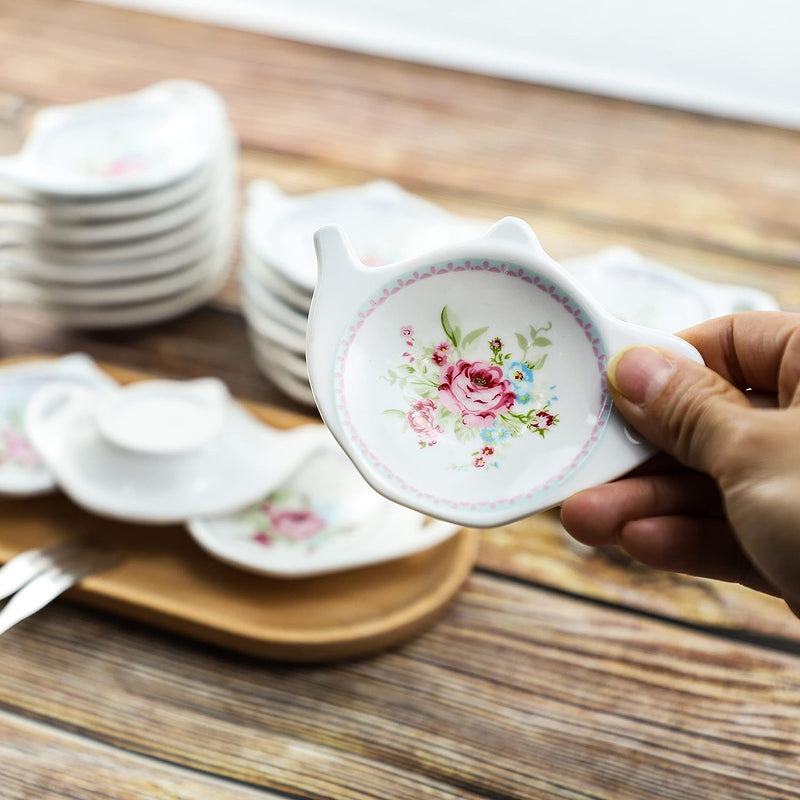 Linlins Set of White Porcelain Ceramic with Flower Trim Teapot-Shaped Tea Bag Holder Tea Bag Coasters, Spoon Rests; Classic Tea Time Saucer Seasoning Dish Set (TYGZ)