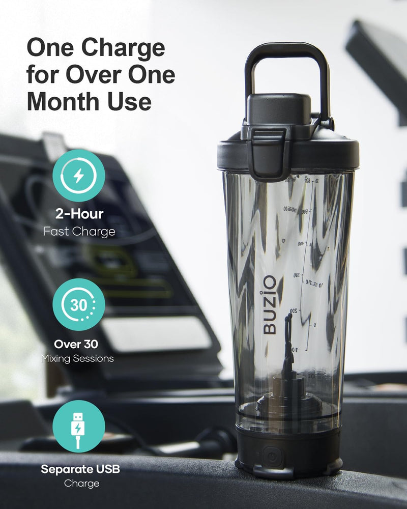 BUZIO Electric Protein Shaker Bottle, 24 oz Shake Blender Bottle, USB Rechargeable Blender Bottles for Protein Mixes Shaker Cups, Portable Large Sports Water Bottles Made with Tritan, Black