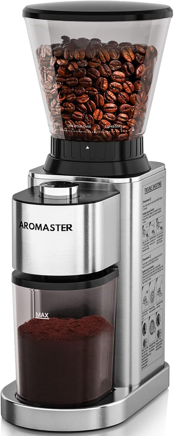 Aromaster Coffee Grinder Electric,Burr Coffee Grinder,Stainless Steel Coffee Bean Grinder with 24 Grind Settings,Grind Timer,Espresso/Pour Over/Cold Brew/French Press Coffee Maker