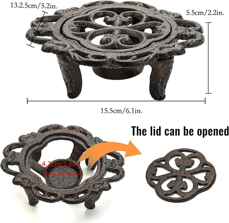 Sungmor Cast Iron Teapot Warmer Dish Cups Heater Pot Trivet - Rustic & Graceful Pattern Design with Tealight Holder - Heavy Duty & Decorative Candle Holder Stands for Heat Food Coffee Milk or Tea