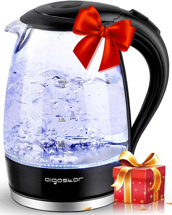 Aigostar Electric Kettle, 1.7 Liter Tea Kettle Pot, Electric Tea Kettle with LED Illuminated and Filter, High Borosilicate Glass Hot Water Kettle, BPA Free, Auto Shut off, Boil-Dry Protection, Black