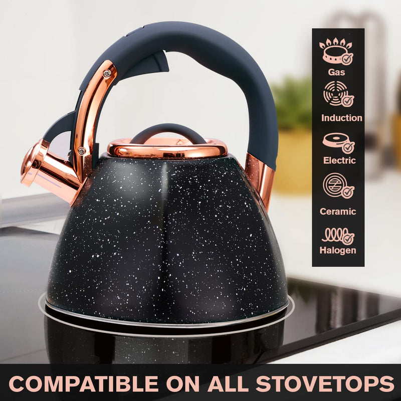 Tea Kettle Stovetop Whistling, 3 QT, Q-Cool Handle, Surgical Grade Stainless Steel Teapot, Compatible with all Stovetops, Beautiful Stone and Copper Finish, Modern Kettle