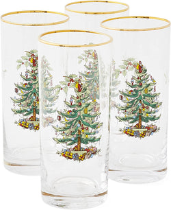 Spode Christmas Tree Glassware - Set of 4 -Made of Glass – Gold Rim- Classic Drinkware - Gift for Christmas, Holidays, or Wedding - Drinking Glasses (Highballs)