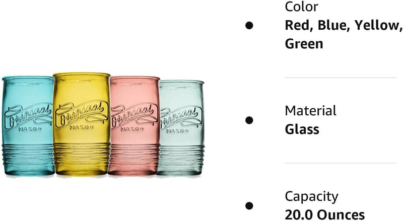Glaver's Set Of 4 Original Mason Collins Glasses Assorted Colored Drinking Glasses For Juice, Cocktails, Beverage Glass Cups, Hand Wash. (Original Mason Colored 20 OZ)