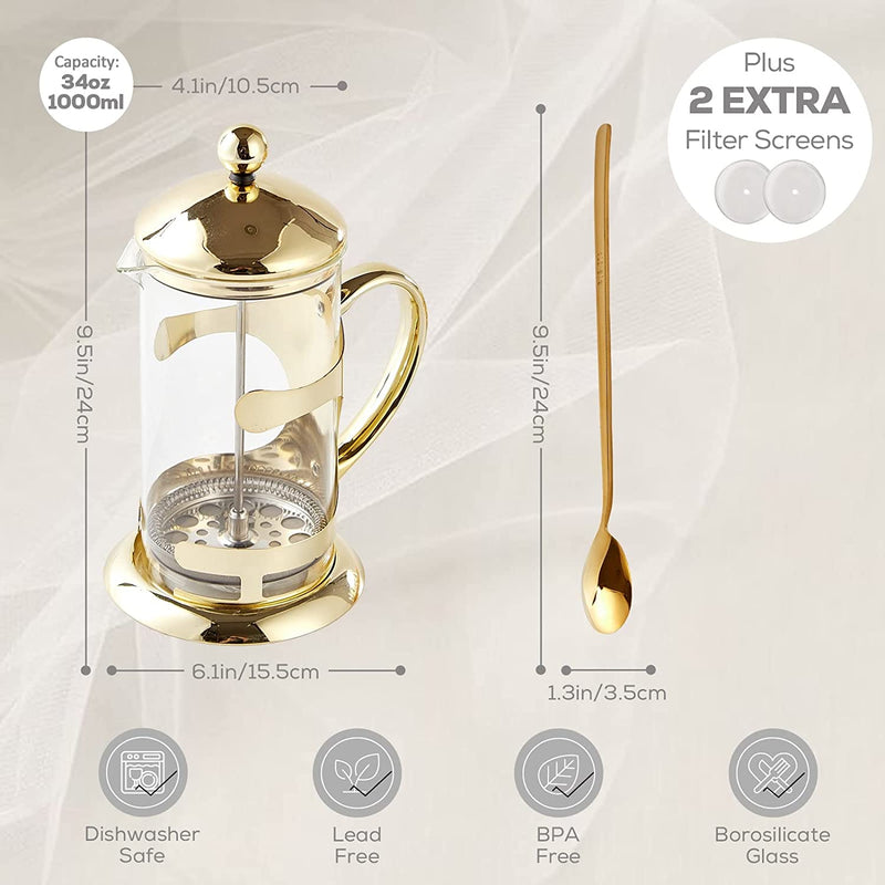 DUJUST Gold French Press Coffee Maker, Luxury Design French Coffee Press with 4-Level Filter System, High-Grade Glass for Hot & Cold Resistance, Include Long Size 304 Stainless Steel Spoon - 34oz