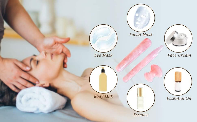 CCbeauty Handmade Gua Sha Scraping Massage Tools Natural Stone Rose Quartz Guasha Mushroom Board, Massage Wand for Acupuncture Therapy Stick Point Treatment Mother's Day Gift Set, 3 Pcs