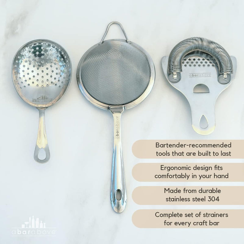 A Bar Above Professional Cocktail Strainer Set - 3 Piece Bundle Includes Hawthorne Strainer, Julep Strainer & Fine Mesh Strainer – Rust Proof Stainless Steel Strainer for Home & Professional Bartender