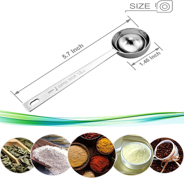 KAZETEC Metal Stainless Steel 1 Tablespoon Measuring Coffee Scoop Spoon, Set of 5