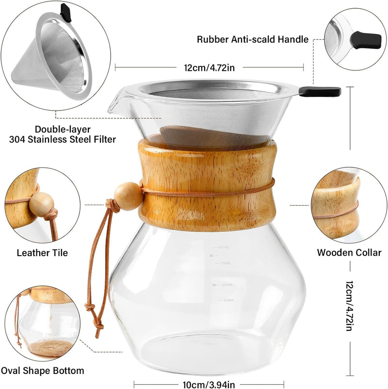 COPOTEA Pour Over Coffee Maker with Double Layer Stainless Steel Filter, 28oz / 800ml Coffee Dripper Brewer, High Heat Resistant Carafe, Wooden Collar Coffee Carafe