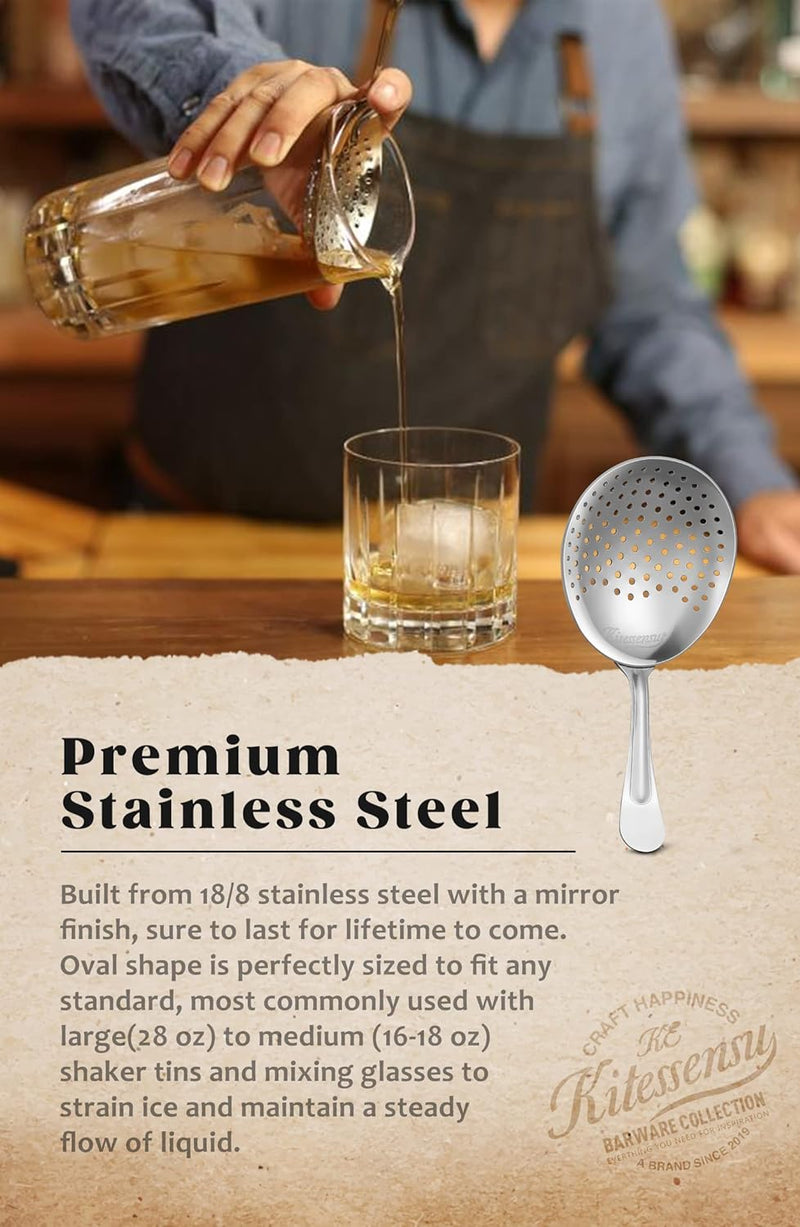 KITESSENSU Julep Strainer, Easy to Hold Stainless Steel Bar Strainer Cocktail, Cocktail Strainer Bar Tools for Professional Bartenders, Silver