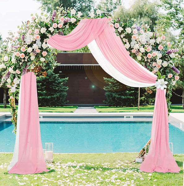 Wedding Arch Draping Fabric White Wedding Arches for Ceremony 2 Panels 6 Yards Chiffon Drapes Pink Arch Curtain Drapes Flowers for Wedding Arch (White+Pink )