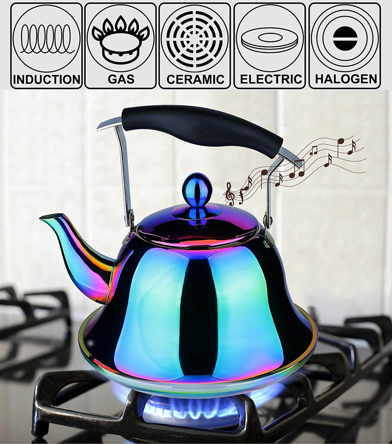 Onlycooker Whistling Tea Kettle Stainless Steel Stovetop Teakettle with Infuser Sturdy Teapot for Tea Coffee Fast Boiling Color Rainbow Mirror Finish 2 Liter / 2 Quart