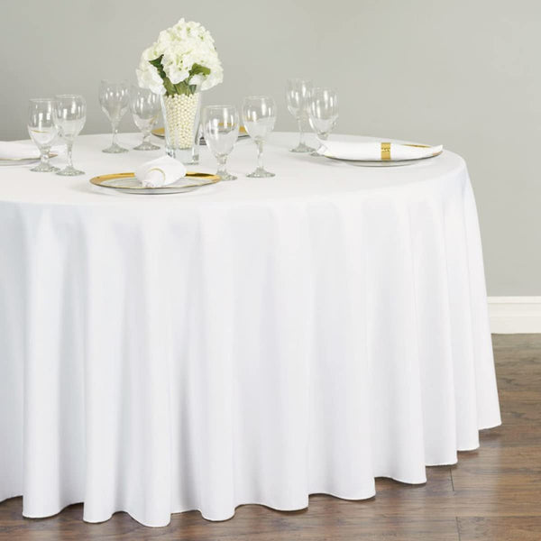 Leading Linens 10-Pcs 120" Inch round Polyester Cloth Fabric Linen Tablecloth - Wedding Reception Restaurant Banquet Party - Machine Washable - White