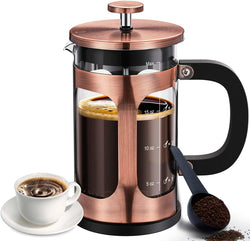 BAYKA 34 Ounce 1 Liter French Press Coffee Maker, Glass Classic Copper Stainless Steel Coffee Press, Cold Brew Heat Resistant Thickened Borosilicate Coffee Pot for Camping Travel Gifts