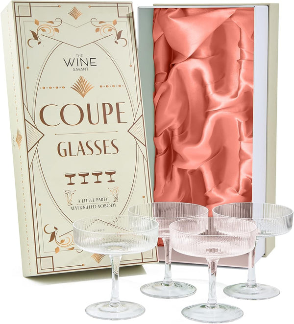 Vintage Art Deco Coupe Glasses Ribbed Coupe Glasses 7 oz | Set of 4 | Crystal Champagne, Martini, Manhattan, Cosmopolitan, Sidecar Cocktail Glassware for Champagne, Ripple Coupe Glassware - Gift Box