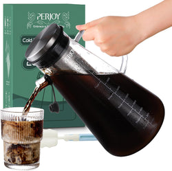 Perjoy Cold Brew Coffee Maker- 64oz/2qt Thick Glass Iced Coffee Maker with Super Dense Removable Stainless Steel Filter & Lid, Airtight Cold Brew Pitcher for Coffee,Ice Tea,Fruit Drinks,Lemonade