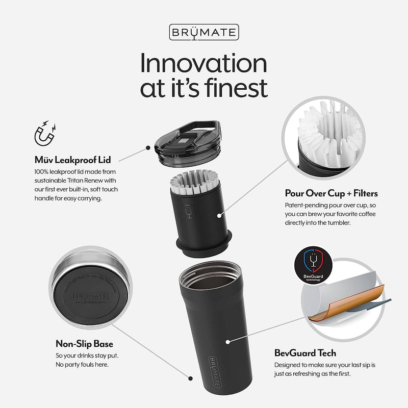BrüMate Pour Over 20oz Insulated Travel Coffee Mug | 2-in1 Travel Coffee Maker with 100% Leak Proof Lid | Insulated Coffee Tumbler | Travel & Camping | Comes with Filter Dripper (Matte Black)