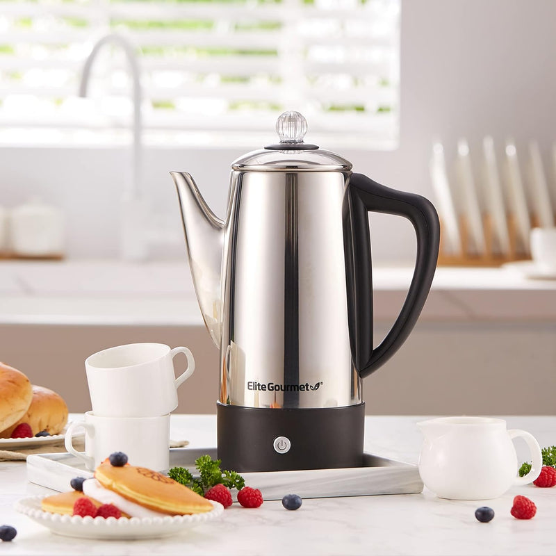 Elite Gourmet EC-120# Electric Coffee Percolator with Keep Warm, Clear Brew Progress Knob Cool-Touch Handle Cord-less Serve, 12-Cup, Stainless Steel