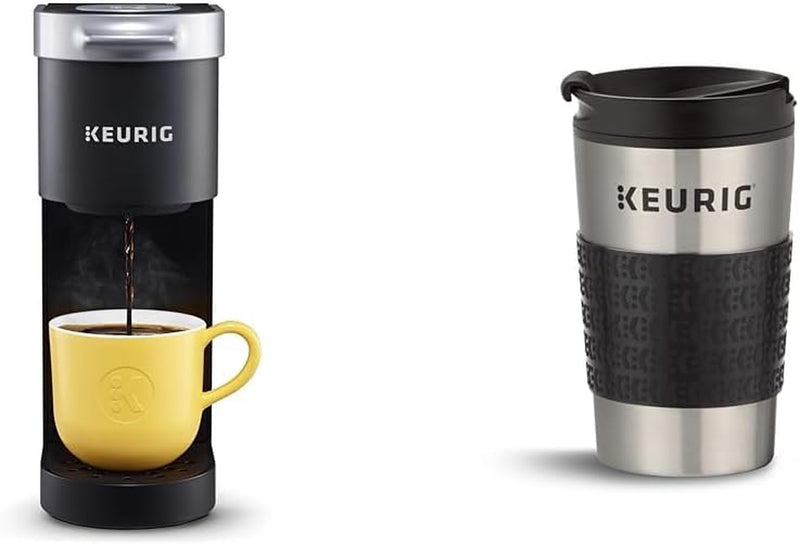 Keurig K-Mini Single Serve Coffee Maker, Black & Travel Mug Fits K-Cup Pod Coffee Maker, 1 Count (Pack of 1), Stainless Steel