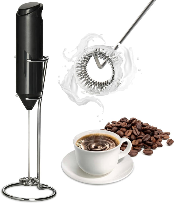InfiniPower Milk Frother Handheld with Stainless Steel Stand, Battery Operated Whisk Maker Hand Drink Mixer for Coffee, Lattes, Cappuccino, Matcha, Black