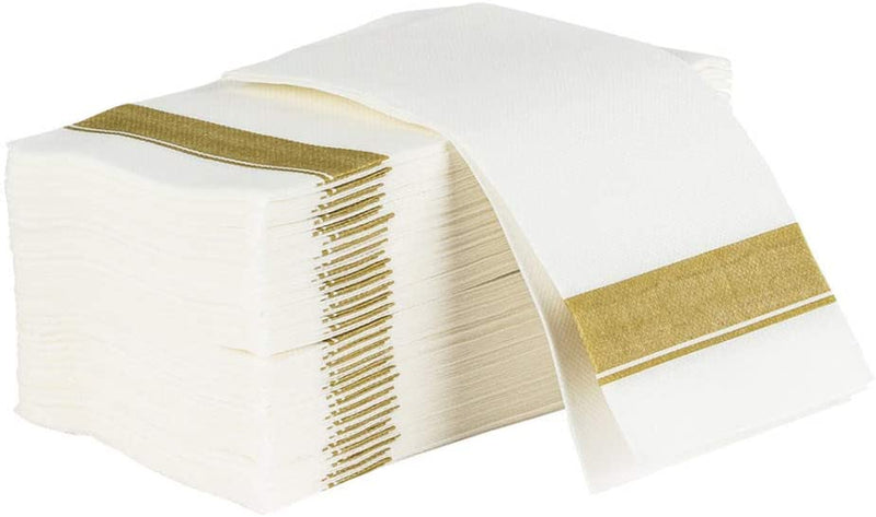 Cloth-Like Dinner Paper Napkins - Pack of 50 - Elegant & Premium White W/Gold Border, Perfect for Entertaining and Special Occasions