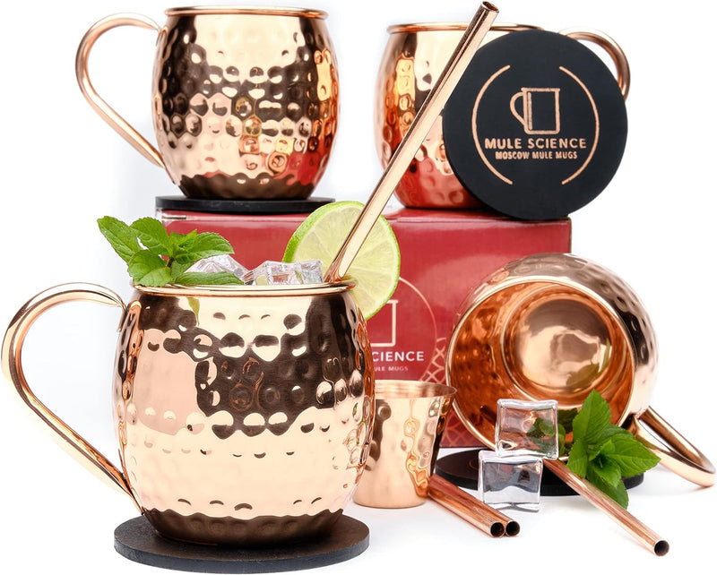 Advanced Mixology [Gift Set] Mule Science Moscow Mule Mugs Set of 4 (19 oz. large size) | 100% Handcrafted | Food Safe | Copper Mugs w/Accessories | Tarnish Resistant Copper Cups