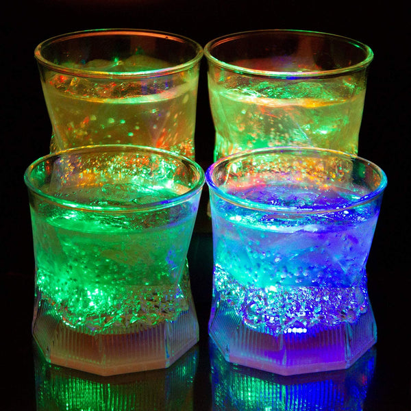 Liquid Activated Multicolor LED Old Fashioned Glasses ~ Fun Light Up Drinking Tumblers - 10 oz. - Set of 4
