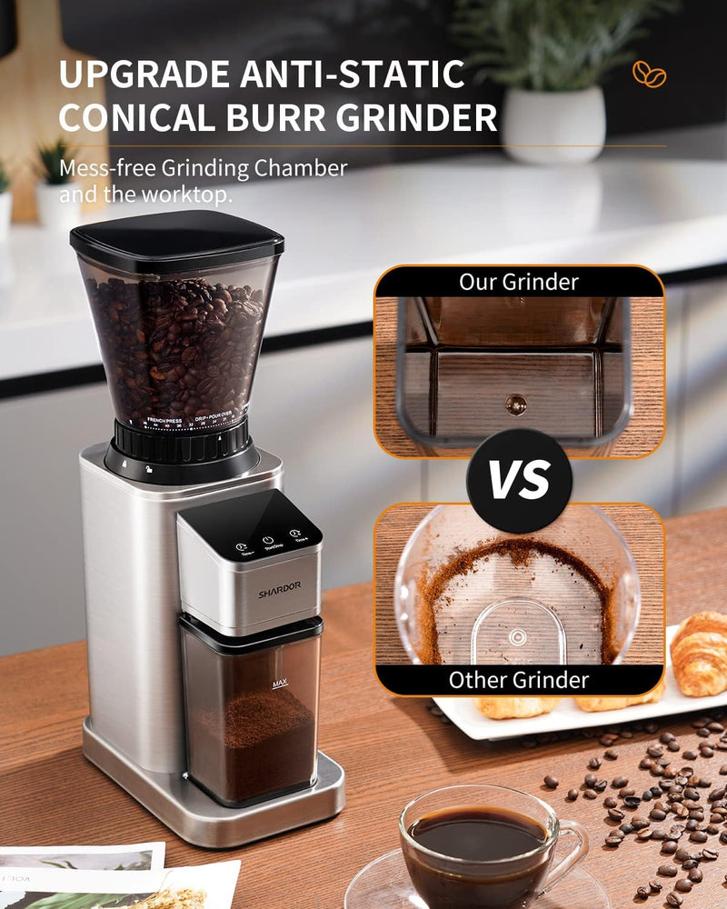 SHARDOR Conical Burr Coffee Grinder Electric with Precision Electronic Timer, Adjustable Burr Mill with 48 Precise Settings, Touchscreen, Anti-static, Brushed Stainless Steel