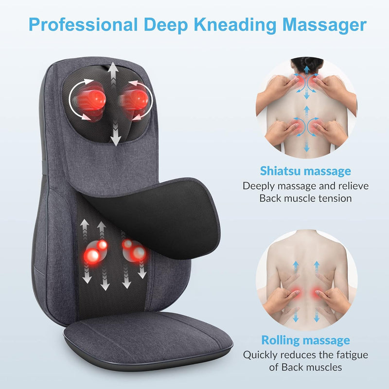 COMFIER Neck&Back Massagers with Heat,Shiatsu Massager Chair with Adjustable Height Pillow,Full Body Massage Cushion for Pain Relief,4 Rolling Nodes&3 Vibration Levels,Gift for Men,Women,Gray