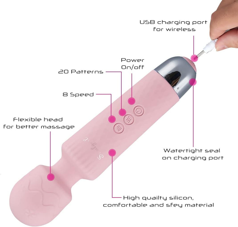 SOULGIRL Upgraded Personal Massager with 20 Modes & 8 Speeds, Rechargeable, Handheld & Portable,Waterproof & Flexible Head, Powerful & Quiet, Relieve Muscle Tension (Pink)