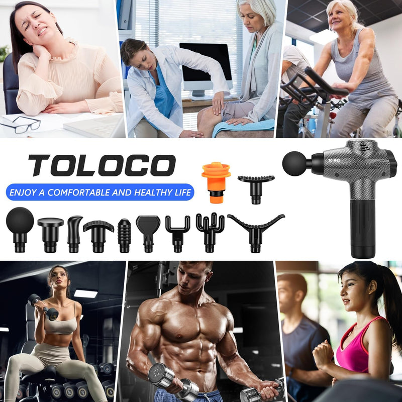 TOLOCO Massage Gun, Updated Back Massage Gun Deep Tissue with 12 Heads, Electric Percussion Massager for Pain Relief, Christmas Gifts for Men&Women, Dark Carbon