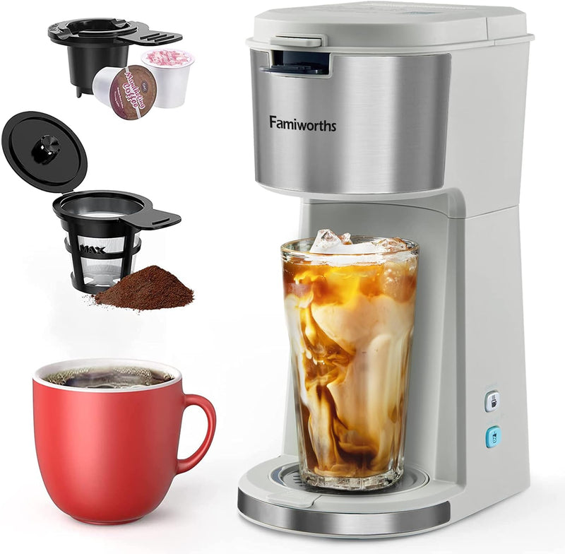 Famiworths Iced Coffee Maker, Hot and Cold Coffee Maker Single Serve for K Cup and Ground, with Descaling Reminder and Self Cleaning, Iced Coffee Machine for Home, Office and RV