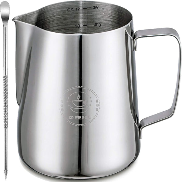 Milk Frothing Pitcher 12oz,Espresso Steaming Pitcher 12oz,Espresso Machine Accessories,Milk Frother cup 12oz,Milk Coffee Cappuccino Latte Art,Stainless Steel Jug