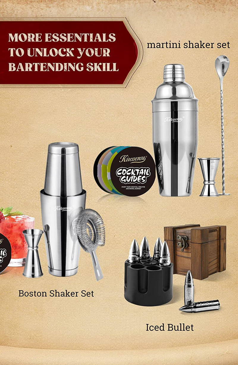 Cocktail Shaker, KITESSENSU 24oz Drink Shaker with Bartender Strainer, Measuring Jigger, Bar Mixing Spoon, Cocktail Recipe Guide, Professional Drink Mixer Set for Beginners, Silver