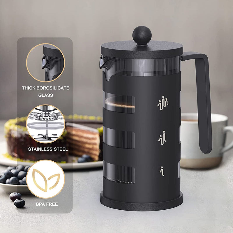 Mini French Press for 12oz Small French Press Coffee Maker with 4 Level Filtration System Borosilicate Glass Durable Stainless Steel Thickened Heat Resistant