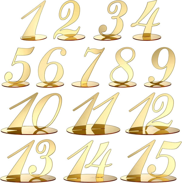 15 Pieces Table Numbers Mirror Wedding Table Numbers Acrylic Table Numbers for Wedding Reception Gold Table Number Stands for Party Anniversary Restaurants Catering Birthday Event, Number 1-15