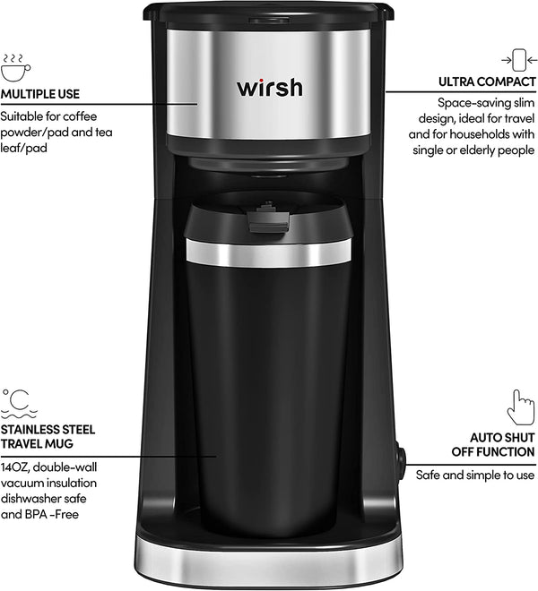 wirsh Single Serve Coffee Maker-Small Travel Coffee Maker with 14 oz.Travel Mug,Single Cup Coffee maker with Reusable Coffee Filter,Non-Pod Coffee Maker,Black