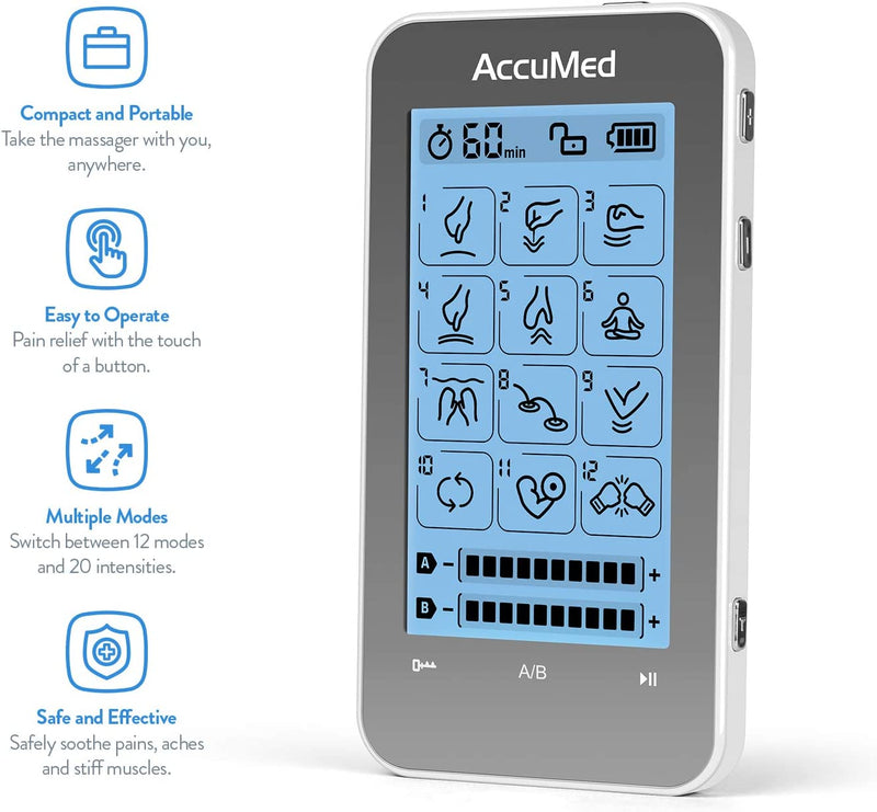 AccuMed TENS Unit Muscle Stimulator & Electronic Pulse Massager with 2 Channels - 12 Modes, Pain Management Device with 20 Intensities for Back, Neck, Acupuncture, Rechargeable Battery (AC-AP315)