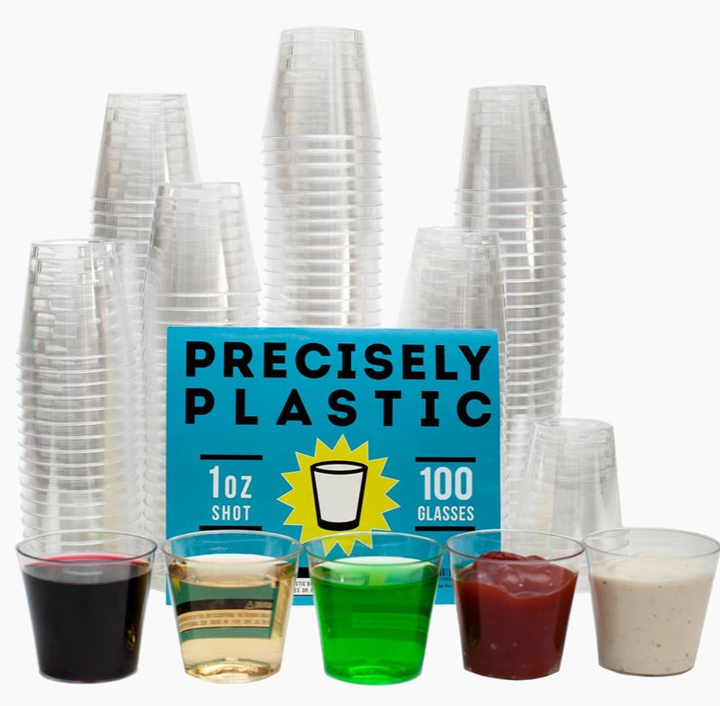 100 Shot Glasses Premium 1oz Clear Plastic Disposable Cups, Perfect Container for Jello Shots, Condiments, Tasting, Sauce, Dipping, Samples