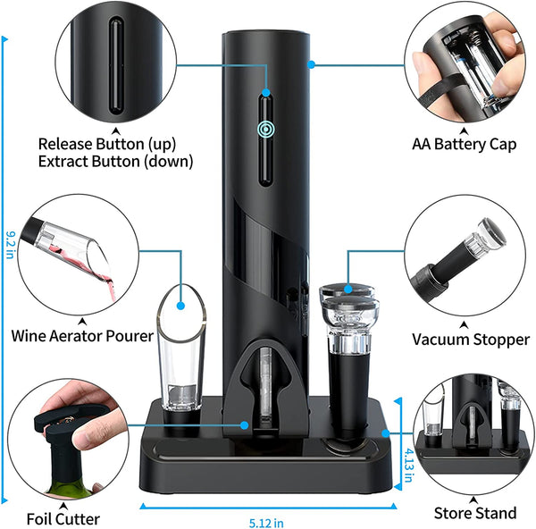 Electric Wine Opener Set, Automatic Corkscrew Opener Kit, Battery Operated Openers for Wine Bottles with Foil Cutter, Wine Aerator Pourer, Vacuum Stoppers. 5-in-1 multifunctional wine accessories