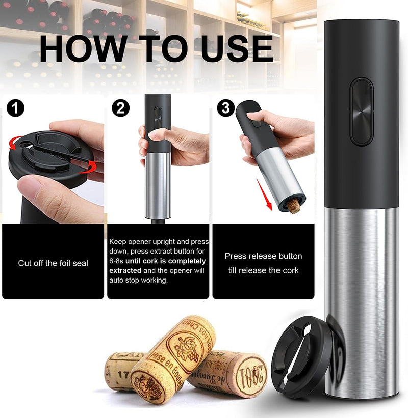 COKUNST Electric Wine Bottle Openers, Reusable Wine Corkscrew Opener with Foil Cutter, Battery Operated Stainless Steel Wine Remover for Home Kitchen Party Bar Restaurant