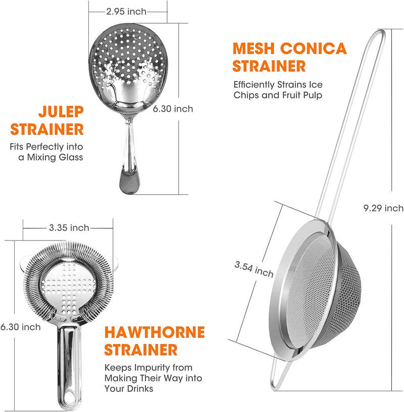 Cocktail Strainer-Stainless Steel Bar Tools Bartender Cocktail Strainer Set:Hawthorne Strainer,Julep Strainer and Conical Fine Mesh Strainer