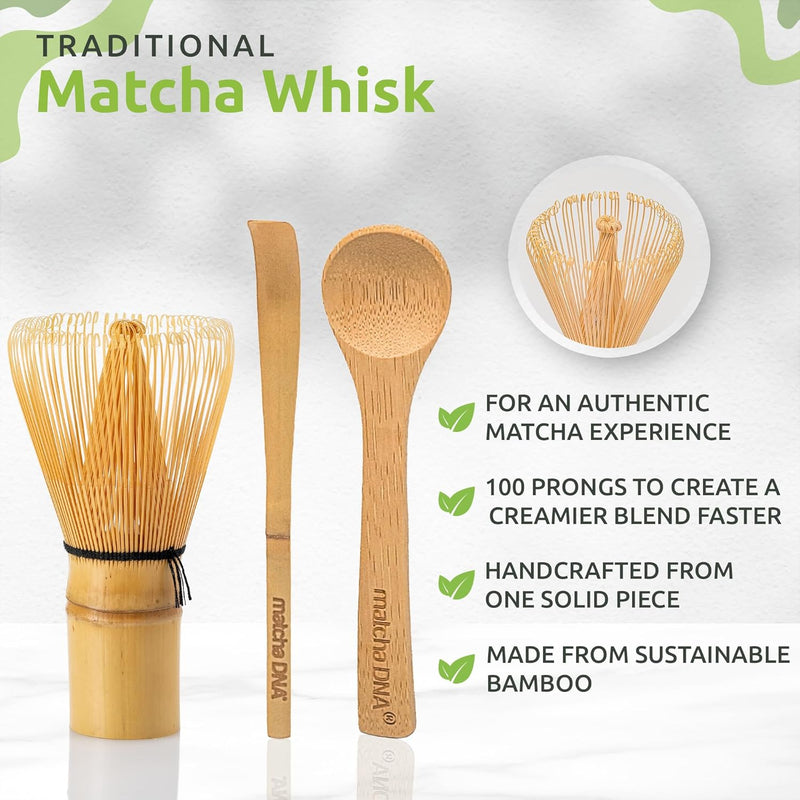 Bamboo Matcha Whisk with Bamboo Spoon and Hooked Bamboo Scoop (Chashaku) Set by MATCHA DNA - Traditional Matcha Whisk Made from Durable and Sustainable Golden Bamboo for Matcha Tea Preparation